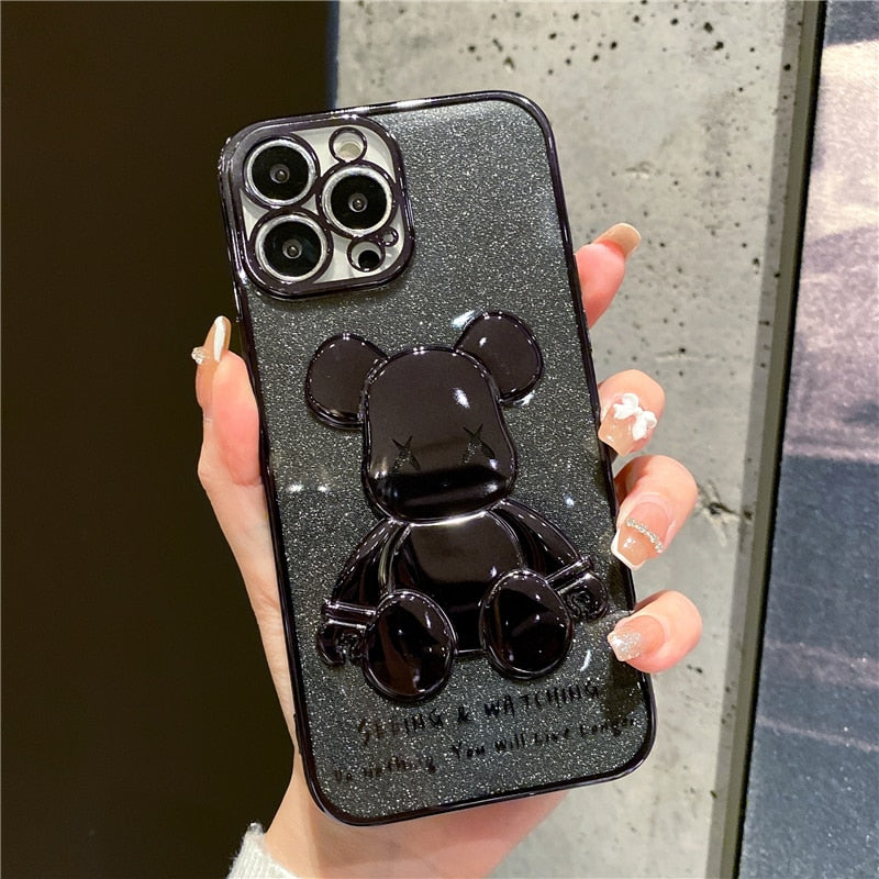 Plating Glitter Bear Phone Case For iPhone 14 13 12 - theroxymob