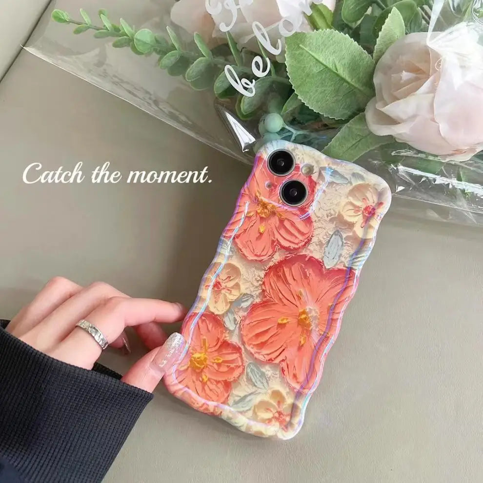 Blue Light Oil Painting Flower Phone Case for iPhone 16 15 14 Proof Anti-knock