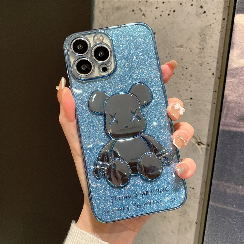 Plating Glitter Bear Phone Case For iPhone 14 13 12 - theroxymob