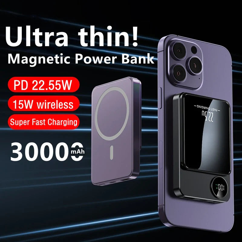 30000mah 22.5w Magnet Power Bank Super Fast Charger Usb To Type C Cable Two-way Fast Charger