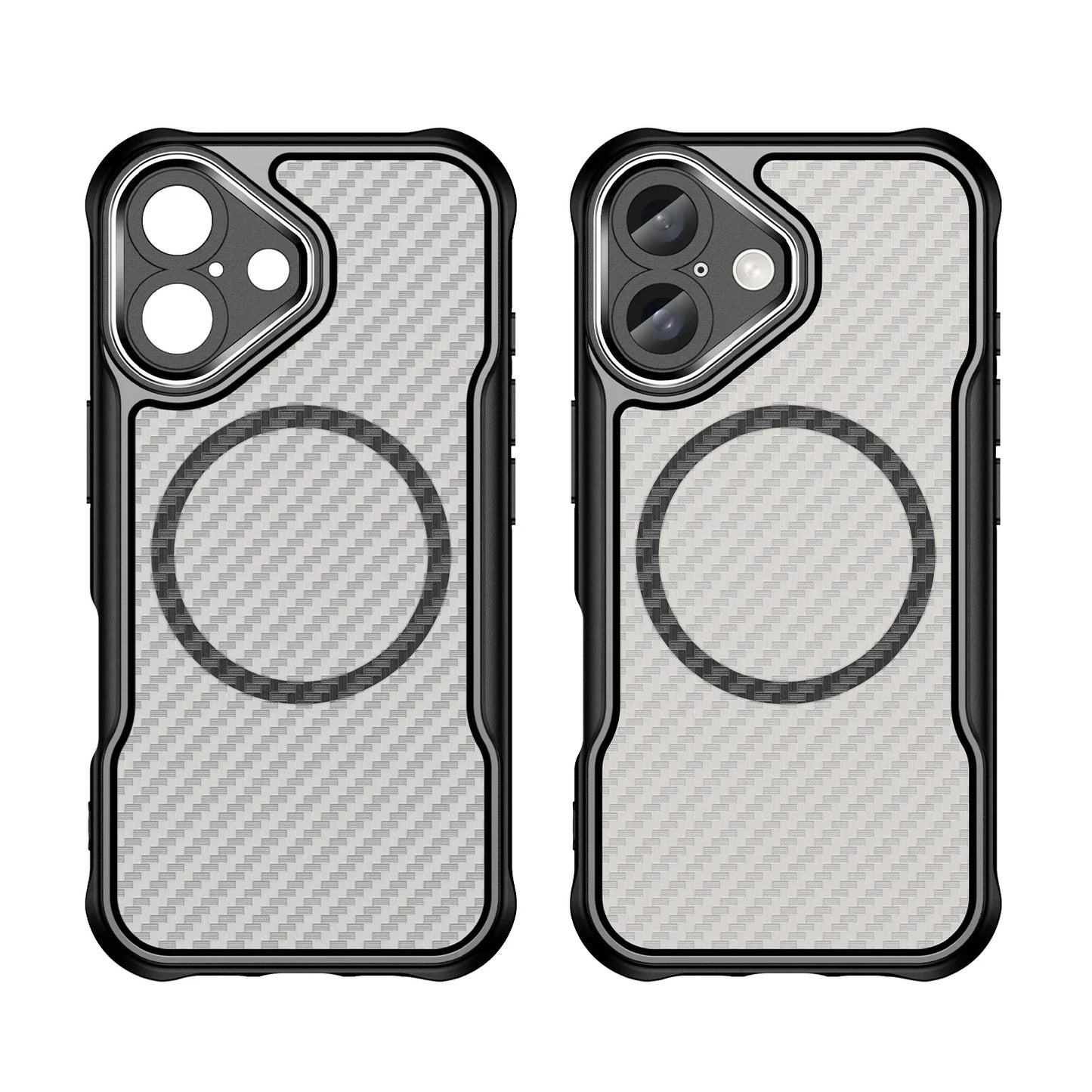 Magnetic Carbon Fiber Pattern TPU+PC Case For iPhone 16 ShockProof Alloy Lens Phone Cover