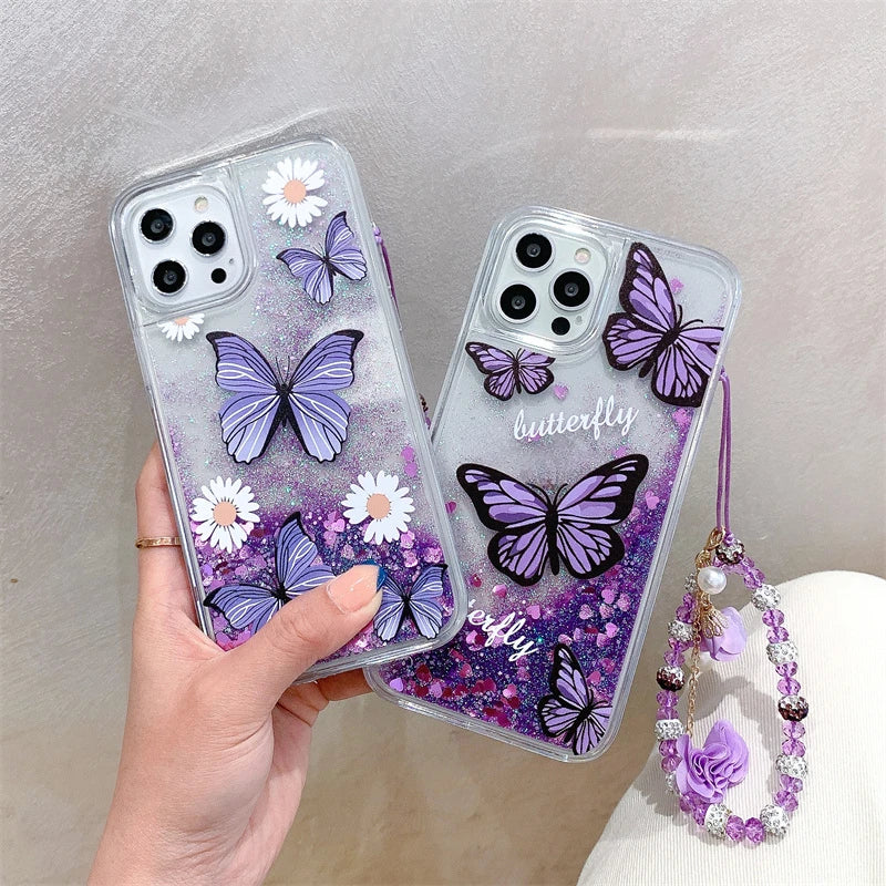 Butterfly Purple Quicksand Case for iPhone 13 14 15