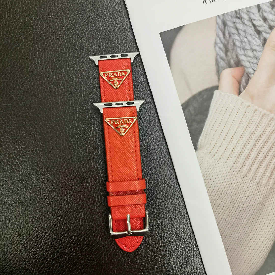 Prada Classic Double Triangle Monogram Label Leather Apple Watch Band