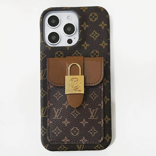 LV Crossbody Card Holder Monogram Canvas Lock Button Apple iPhone Case