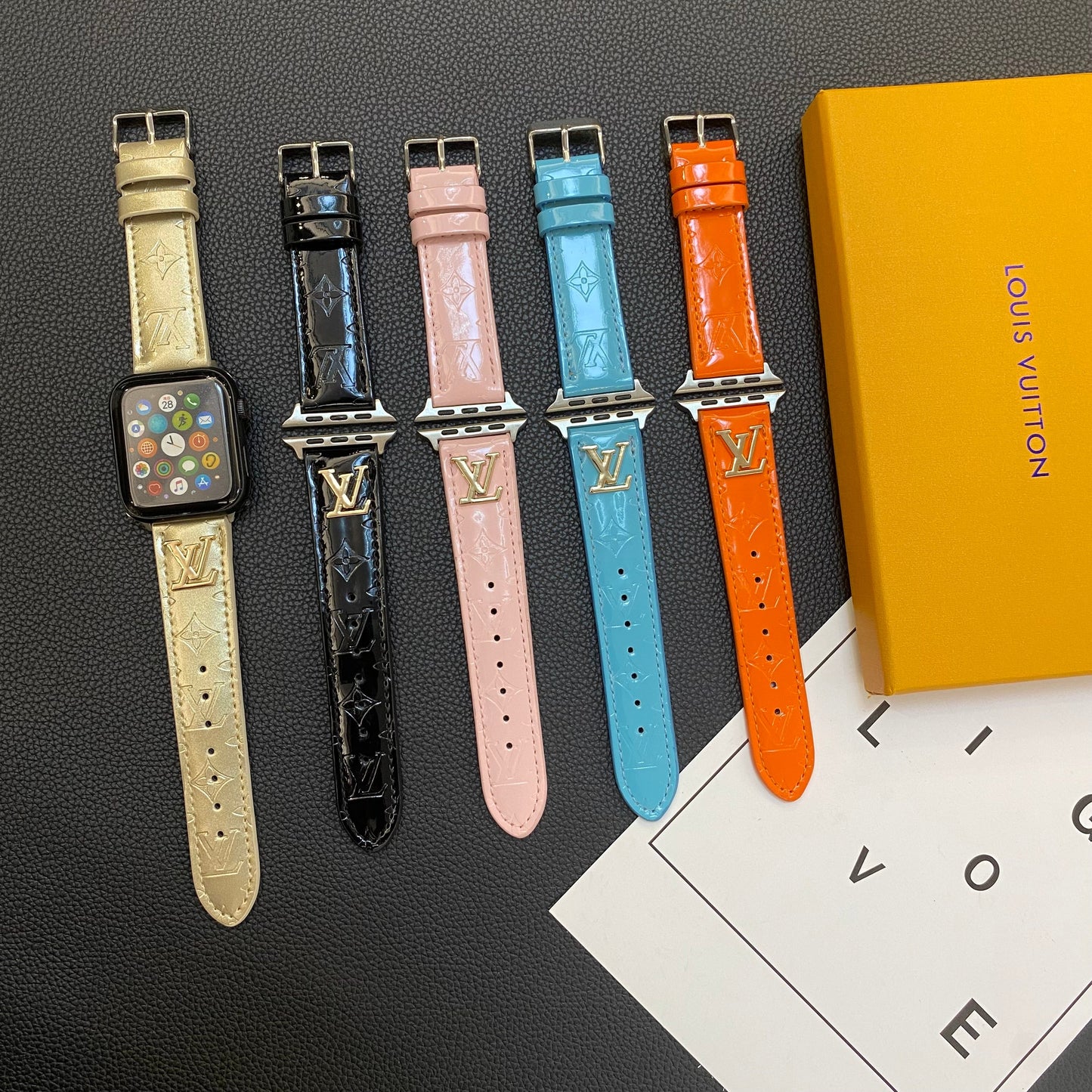 LV GLOSSY LEATHER APPLE WATCH STRAP LUXURY METAL LOGO