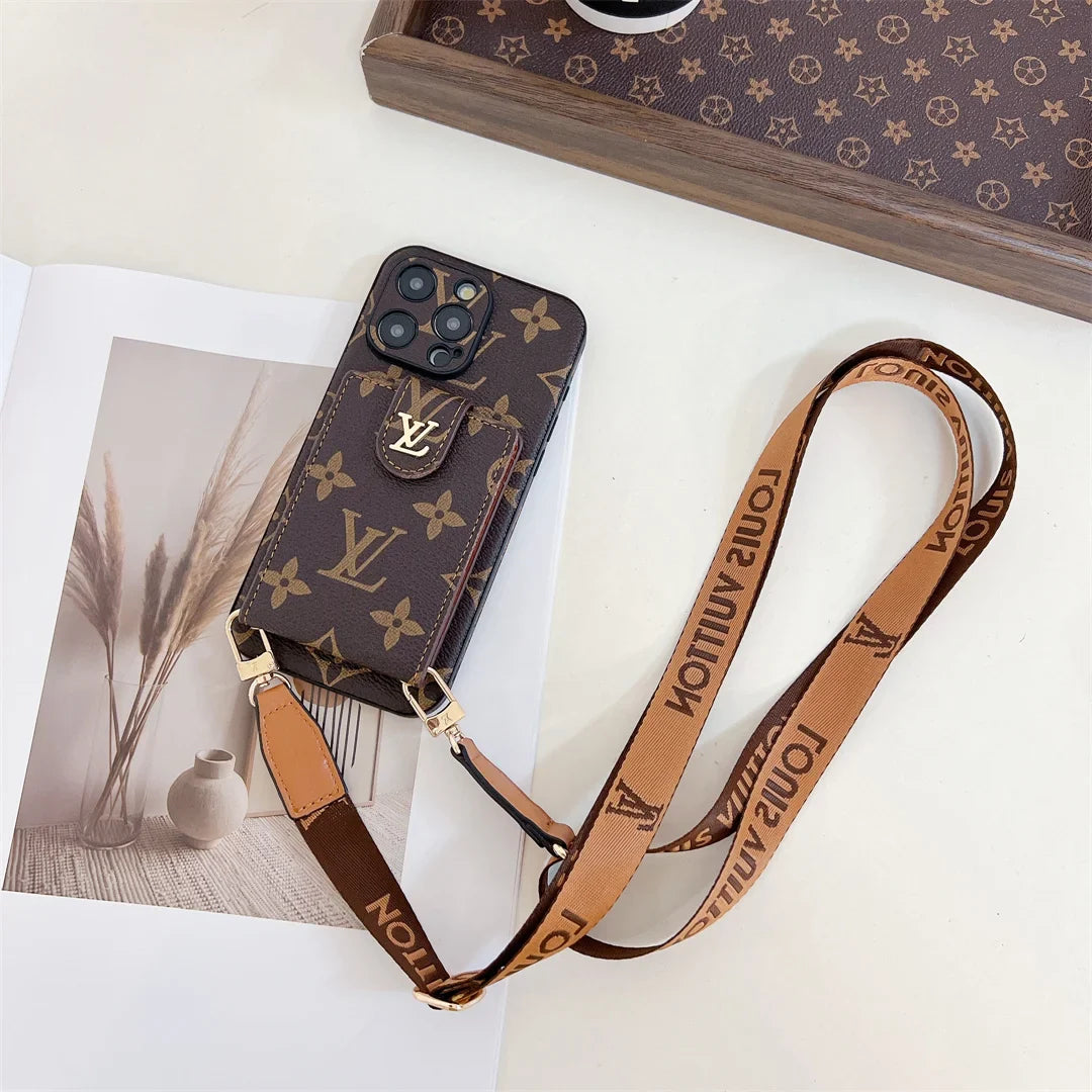 Louis Vuitton Monogram Canvas Leather Button Card Holder Crossbody iPhone Case