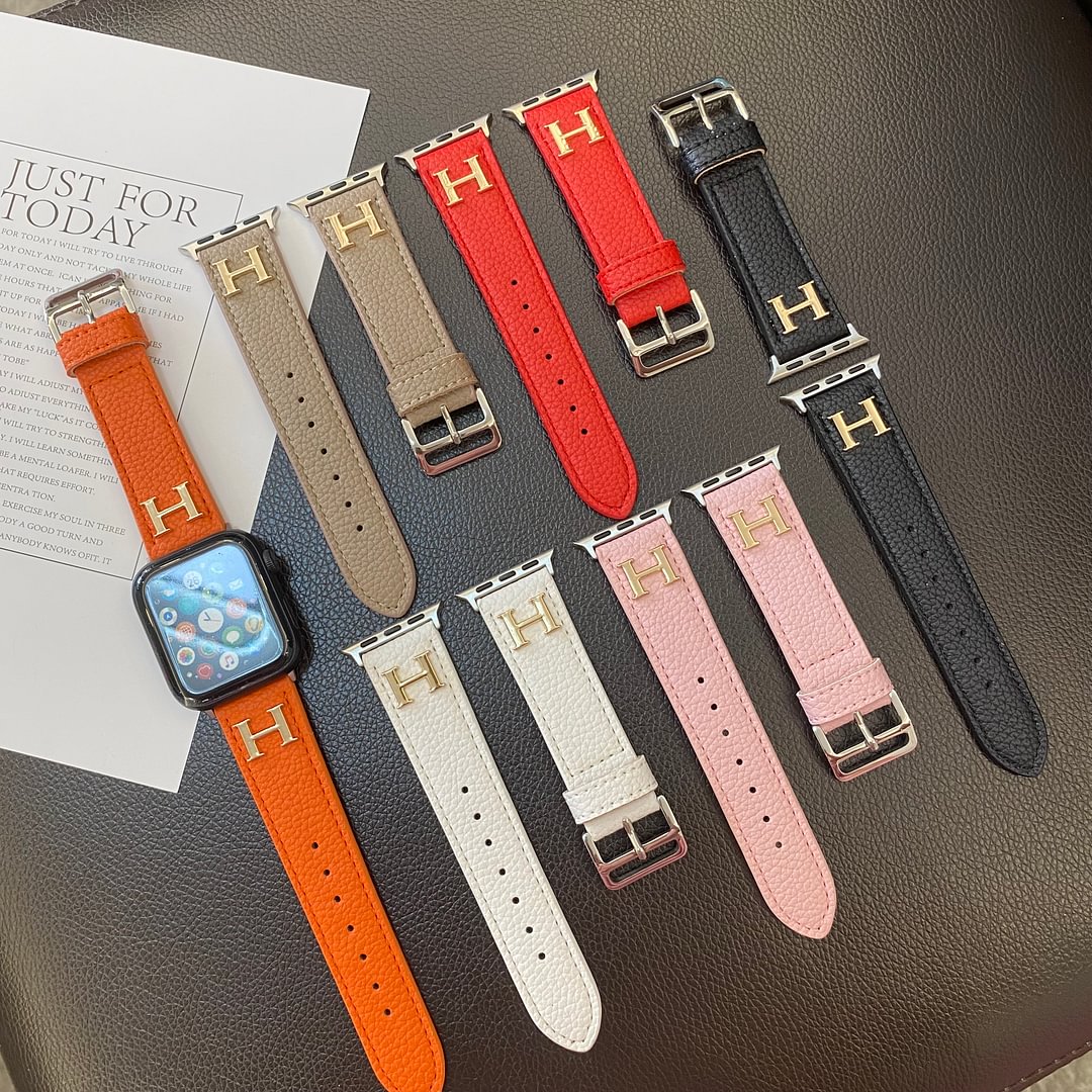 Hermes H Genuine Lychee Pattern Leather Apple Watch Strap