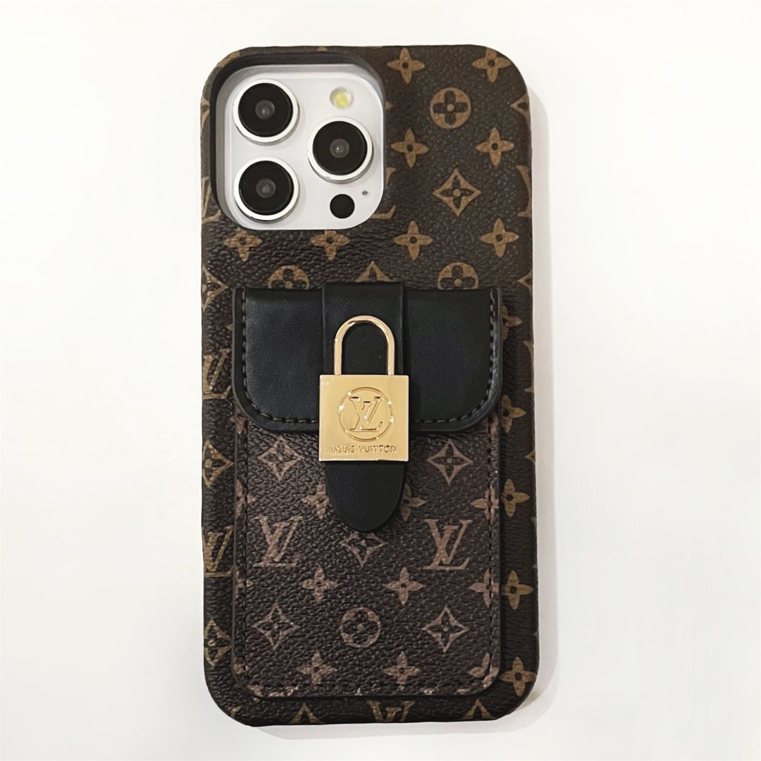 LV Crossbody Card Holder Monogram Canvas Lock Button Apple iPhone Case