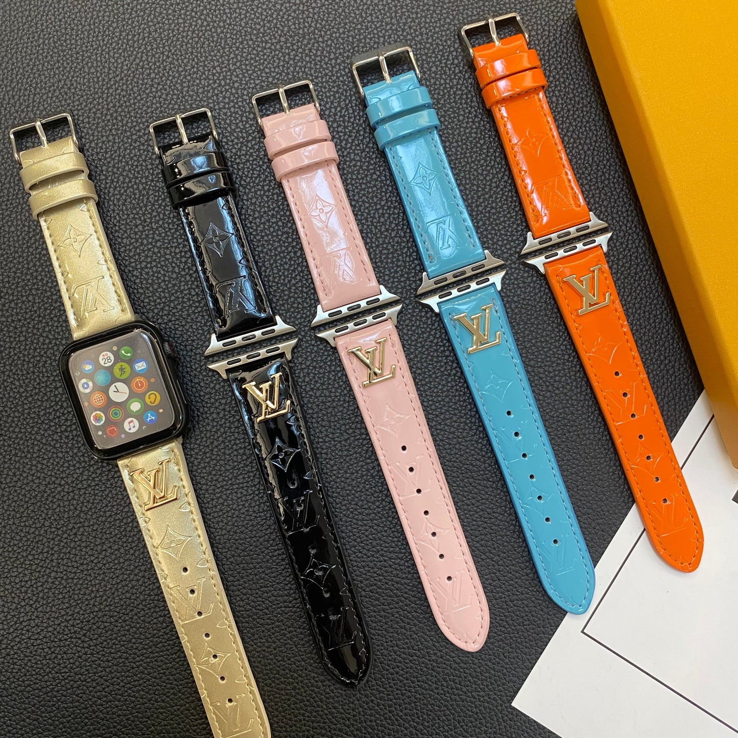 LV GLOSSY LEATHER APPLE WATCH STRAP LUXURY METAL LOGO