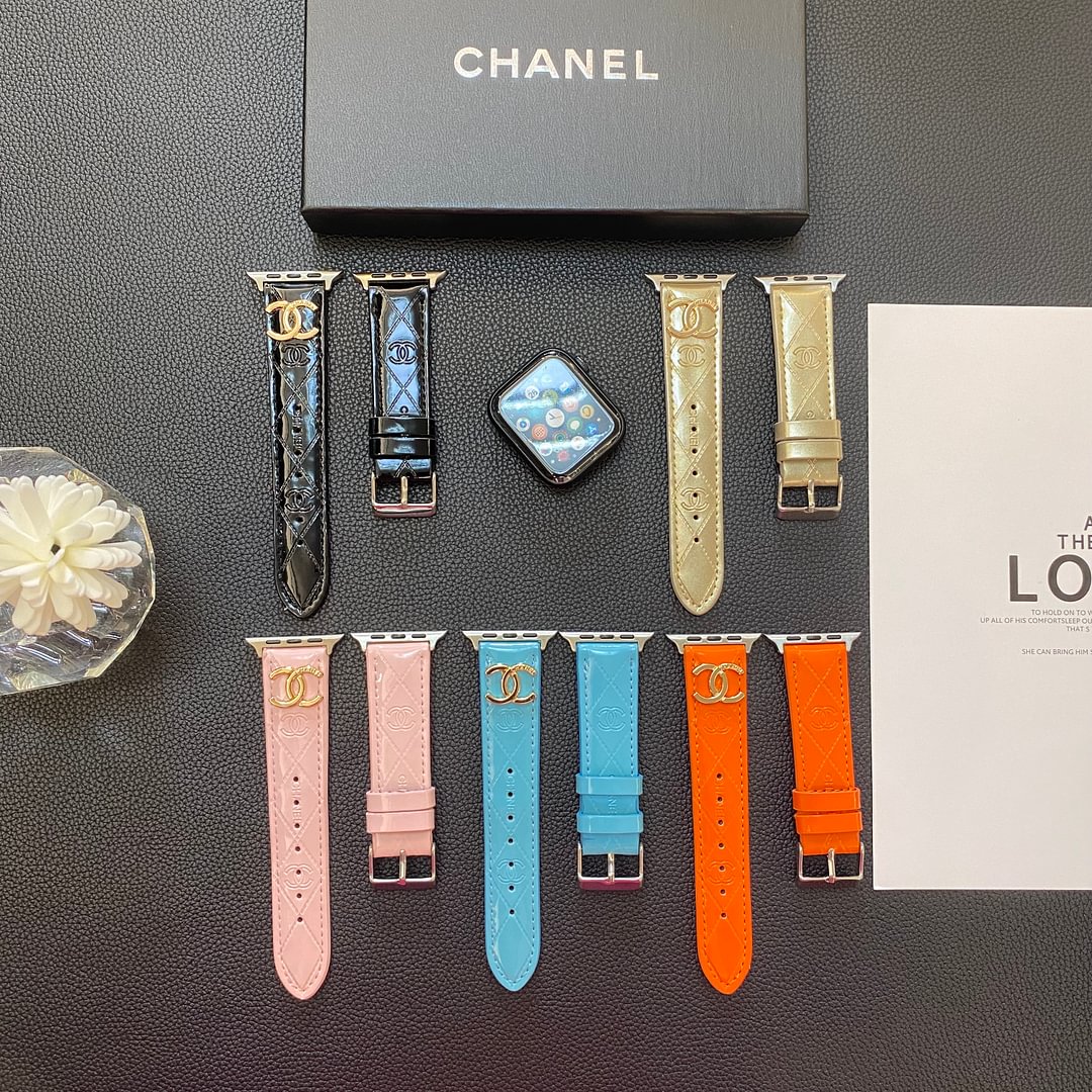 Chanel Glossy Leather Apple Watch Strap Luxury Metal Logo